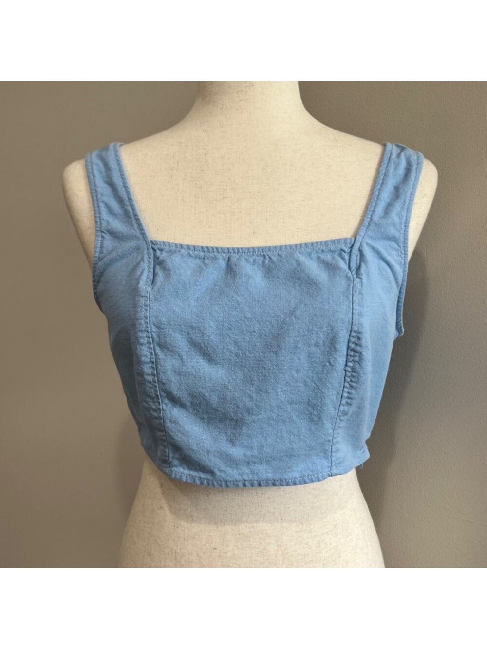 Seventeen Stars Linen Square Neck Cropped Tank Top Womens M Blue Smocked Coastal